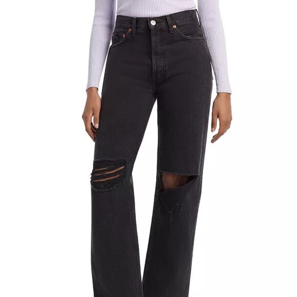 Redone High Rise Distressed Jean Washed Black Rip Size 30 - Picture 1 of 5